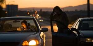 A car accident scene where an insured driver has hit an uninsured driver.