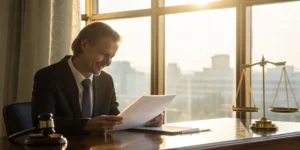 A lawyer for insurance issues reviews a claim with scales of justice and a gavel on the desk.
