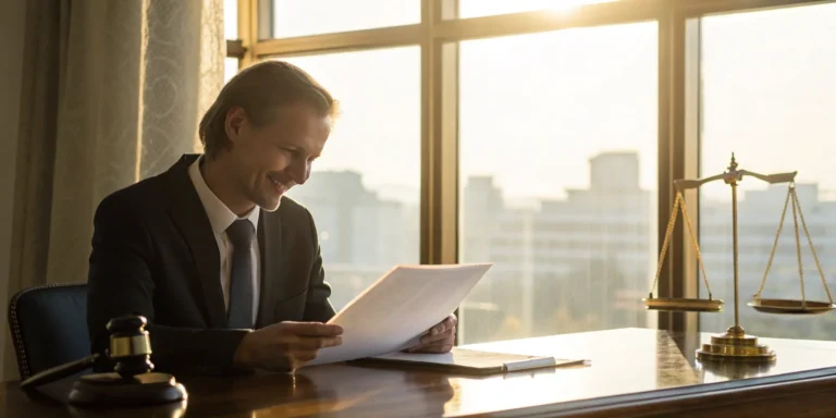 A lawyer for insurance issues reviews a claim with scales of justice and a gavel on the desk.