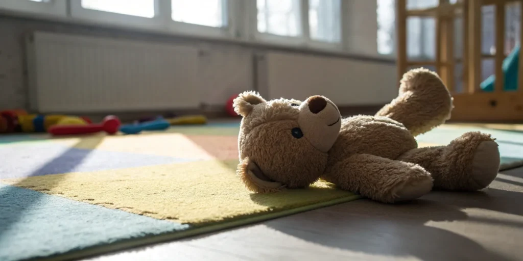 A lone teddy bear on a daycare floor, a key factor in a daycare settlement case.