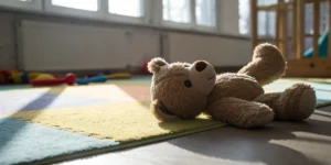 A lone teddy bear on a daycare floor, a key factor in a daycare settlement case.
