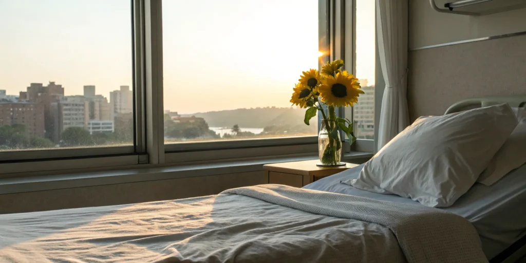 Hospital bed view, a factor in how much a third-degree burn case is worth.