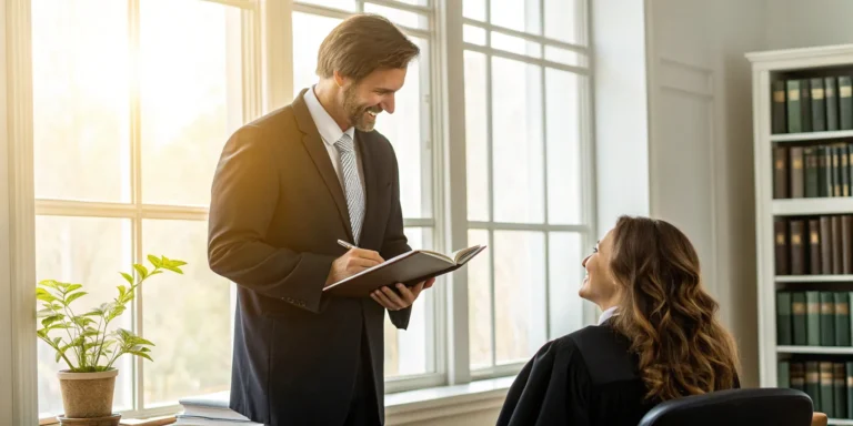 Arizona accident attorney reviewing case paperwork with a client in an office.