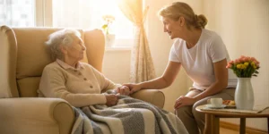 Elderly woman comforted by a caregiver, a sign you need the best lawyer for nursing home neglect.