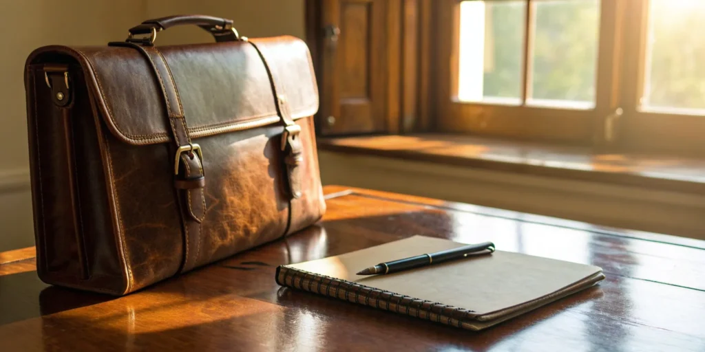 A briefcase and notebook on a desk, outlining how to prove a trip and fall case.