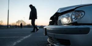 Damaged side of a parked car after it was hit by an uninsured driver.