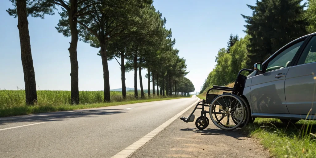An empty wheelchair on a road after an accident, representing the long recovery from trauma.