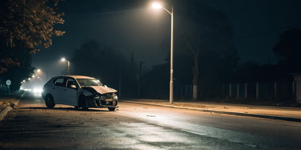 What happens when hit by an uninsured driver: a damaged car on a street at night.