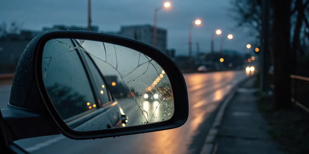 Cracked car mirror at night, a trigger for flashbacks of a car accident.