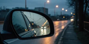 Cracked car mirror at night, a trigger for flashbacks of a car accident.