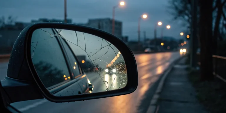 Cracked car mirror at night, a trigger for flashbacks of a car accident.