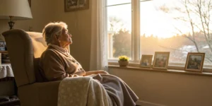 Elderly woman looking out a window, a warning sign of elder abuse in assisted living.