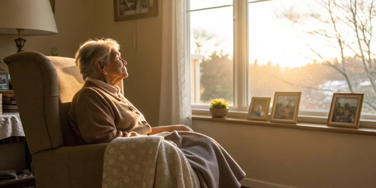 Elderly woman looking out a window, a warning sign of elder abuse in assisted living.