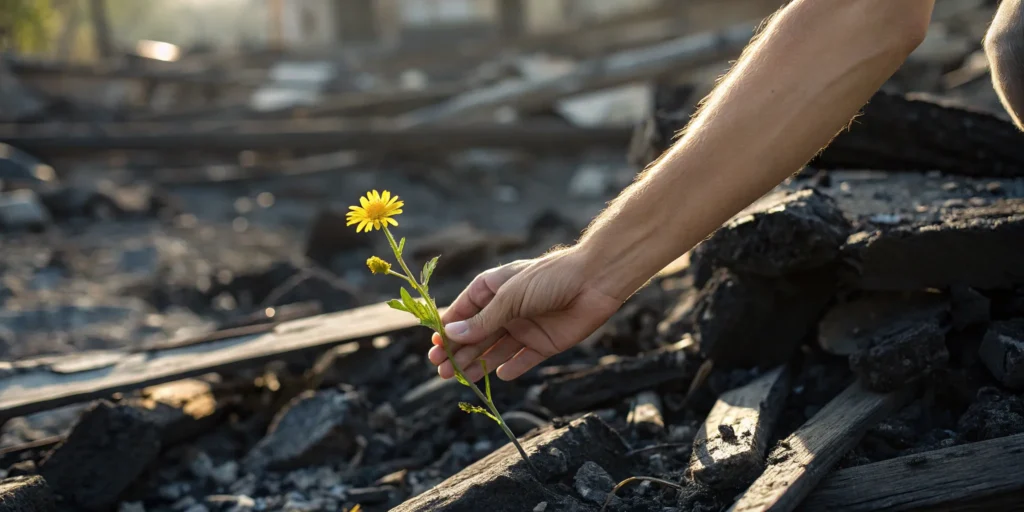 Hand holding a yellow flower in fire accident debris, seeking help from an Arizona injury attorney.