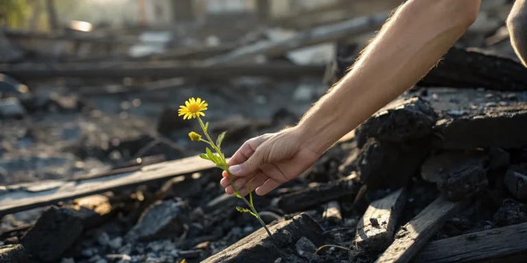 Hand holding a yellow flower in fire accident debris, seeking help from an Arizona injury attorney.