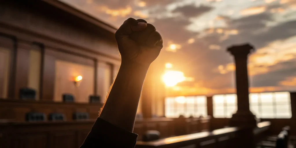 A raised fist in a courtroom, a symbol of strength for filing a civil lawsuit for sexual assault.