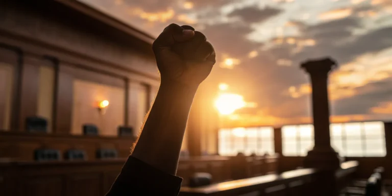 A raised fist in a courtroom, a symbol of strength for filing a civil lawsuit for sexual assault.