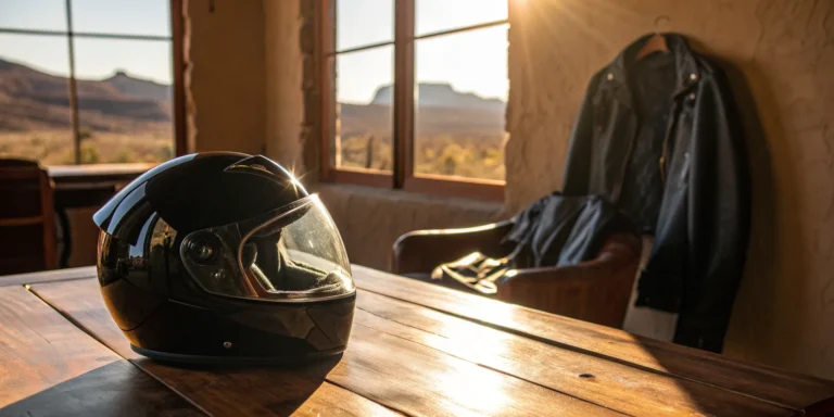 Motorcycle helmet and jacket on a table before meeting a Buckeye, AZ motorcycle accident lawyer.