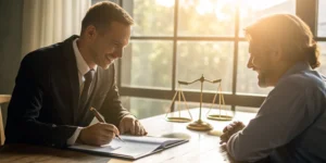 An attorney for a fatal accident case reviews legal documents with a client.