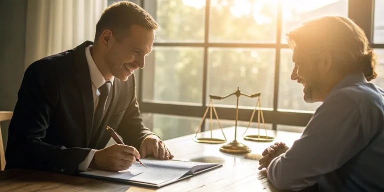 An attorney for a fatal accident case reviews legal documents with a client.