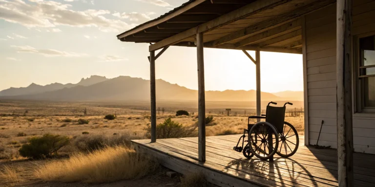 Lone wheelchair on an Arizona porch at sunset, a sign to report assisted living abuse.