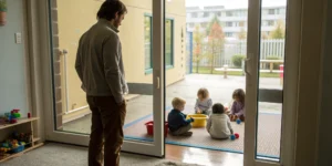 A concerned father watches children play, wondering who pays if a child is hurt at daycare.