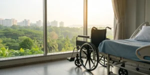 A wheelchair in a hospital room helps determine what a spinal cord injury settlement is worth.