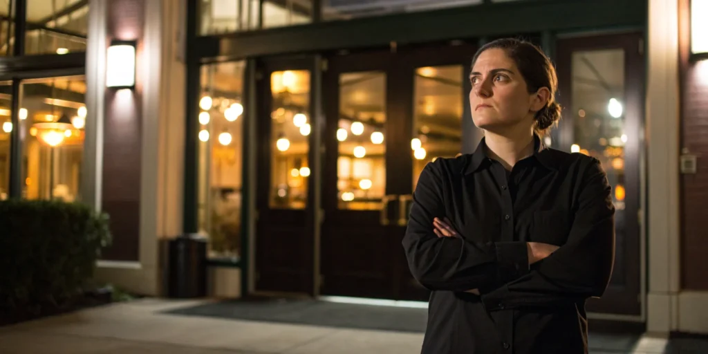 Person outside a restaurant at night wondering what kind of lawyer they need to sue.