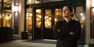 Person outside a restaurant at night wondering what kind of lawyer they need to sue.