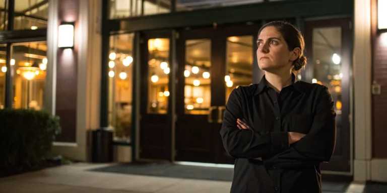 Person outside a restaurant at night wondering what kind of lawyer they need to sue.