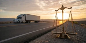 Scales of justice over a semi-truck, representing the best law firm for a truck accident.