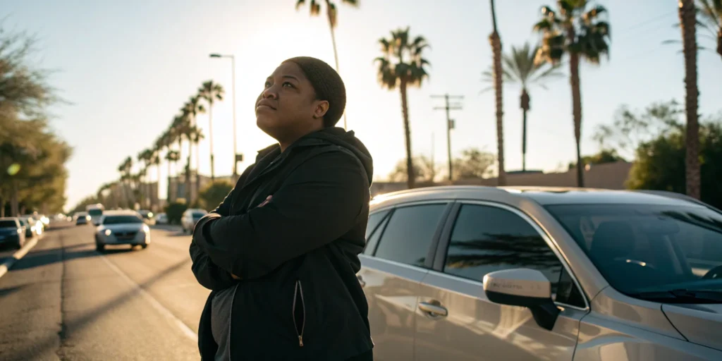 Rideshare accident attorney in Buckeye, Verrado, standing by a car on a palm-lined street.