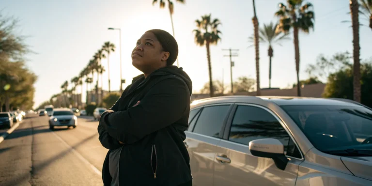 Rideshare accident attorney in Buckeye, Verrado, standing by a car on a palm-lined street.