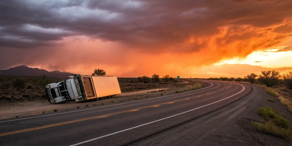 An overturned truck after an accident in West Phoenix, a clear case for a truck accident attorney.